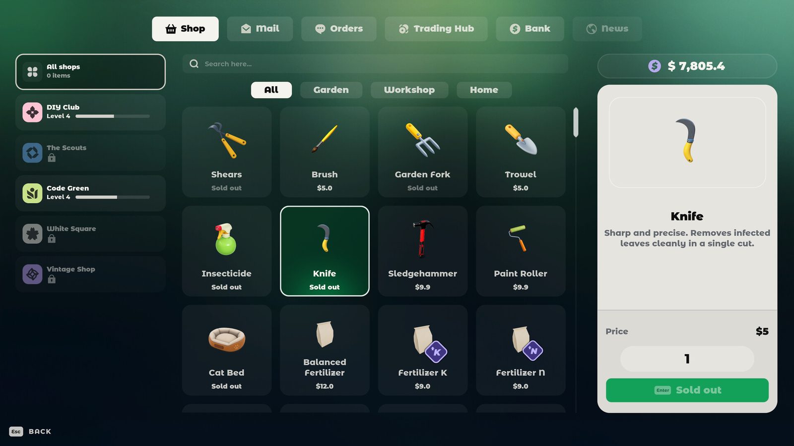 Tiny Eden shop screen with tabs, an item grid and a purchase panel
